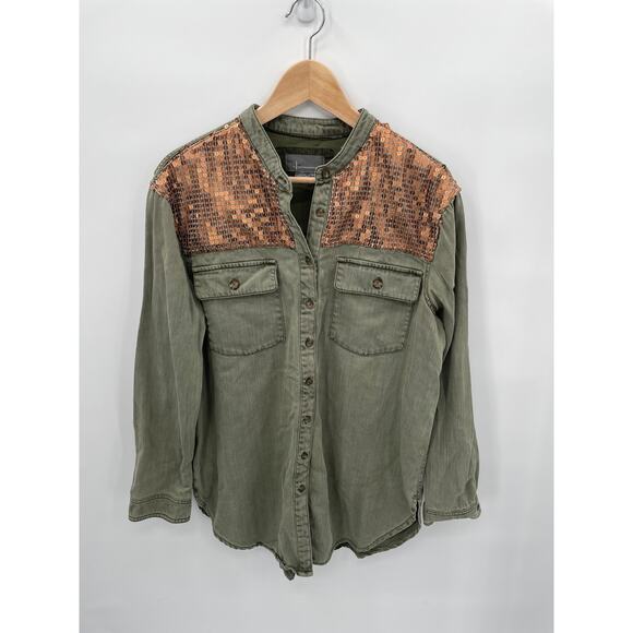 ANTHROPOLOGIE Army Green Sequined Cargo Button Down Shirt // 14 - Picture 4 of 14